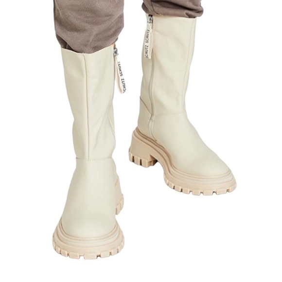 Schutz Juany Mid Calf Leather Lug Sole Boots Eggshell NEW Size 9 - Picture 1 of 8